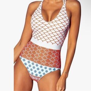 NWT CUPSHE scale wave abstract criss cross back one piece mermaidcore swimsuit L